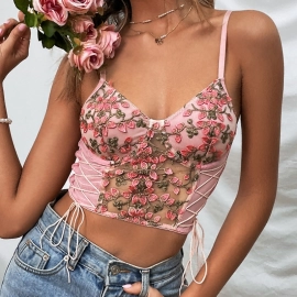 Women Summer Floral Pink Sexy Slip Crop Top Women Fashion See Through V Neck Streetwear Lace Up Short Embriodery Tank Top 2023