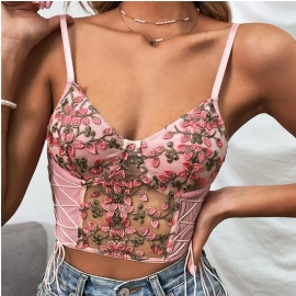 Women Summer Floral Pink Sexy Slip Crop Top Women Fashion See Through V Neck Streetwear Lace Up Short Embriodery Tank Top 2023