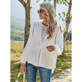 Spring Women White Blouses O Neck Floral Lace Patchwork Long Sleeve Sexy Hollow Out Tunic Shirt Casual Loose Solid Office Blusas